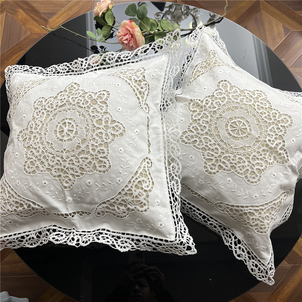 国华家GH07白色（45cm方/对）麻制手工青州府花边抱枕套