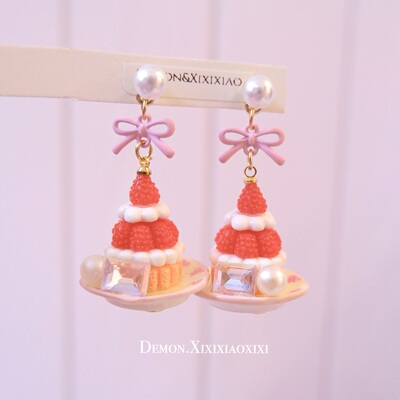 法式复古树莓粉蝴蝶结珍珠耳夹