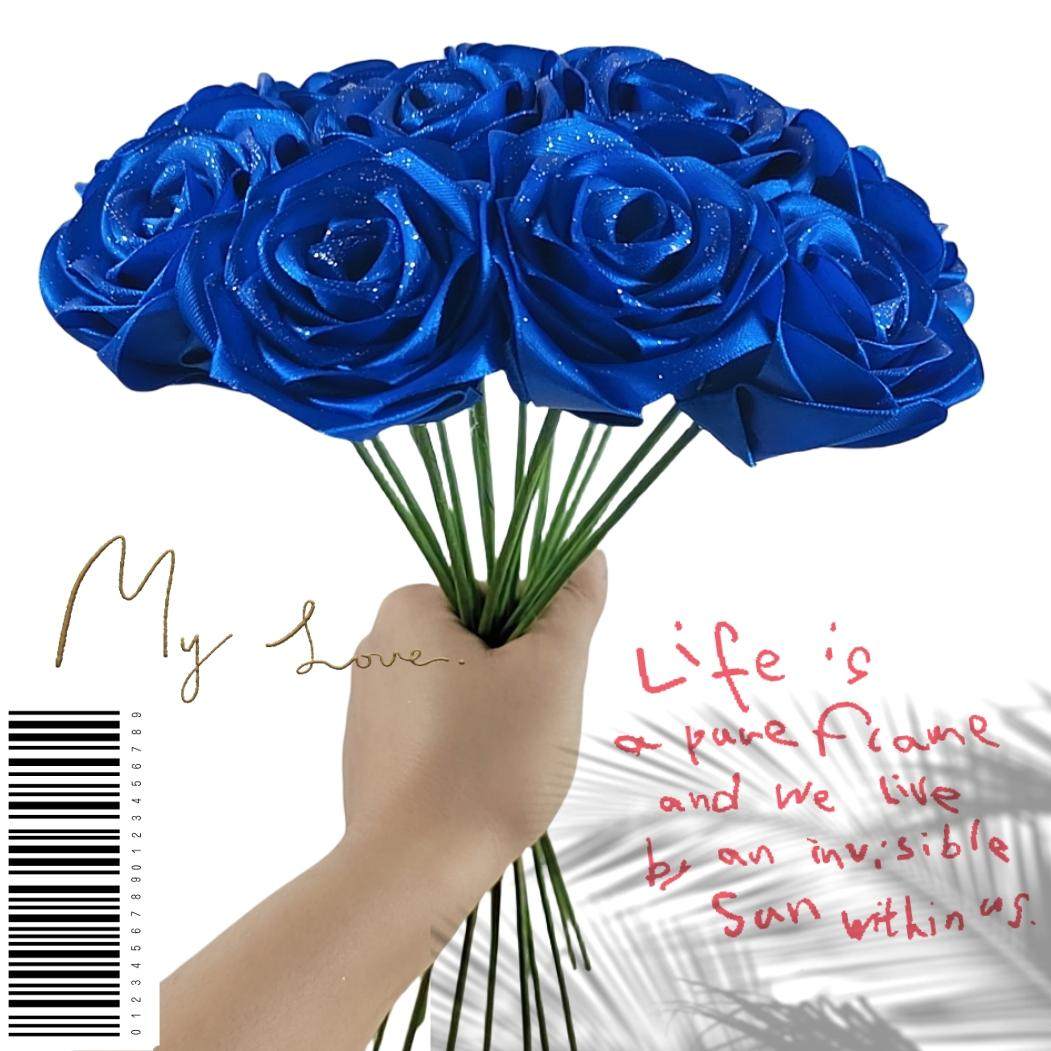 纯色手工蓝色妖姬丝带玫瑰花单支彩带仿真花求结婚庆生日创意花束