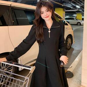 M黑色金丝绒连衣裙女长袖2024秋季法式名媛高端精致收腰气质长裙