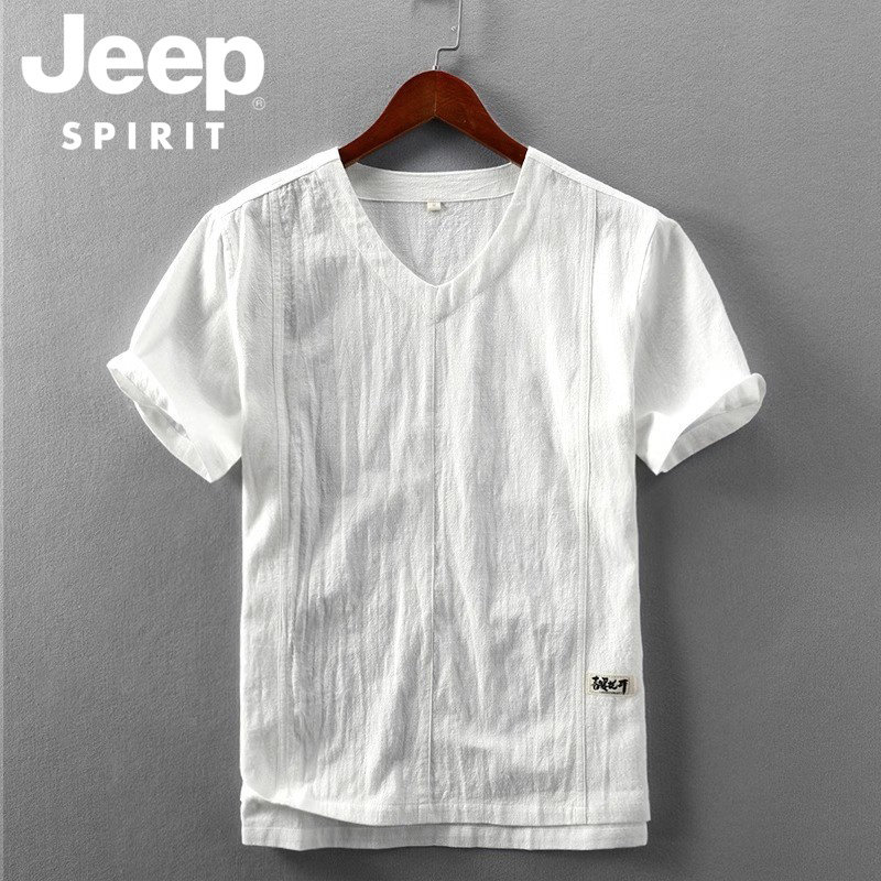 JEEP SPIRIT休闲亚麻短袖T恤男棉麻防晒透气薄款宽松t恤麻布上衣