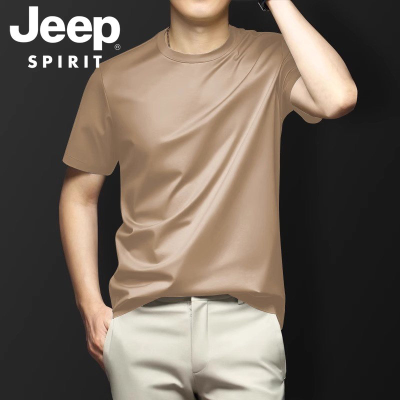 JEEP SPIRIT高端桑蚕丝短袖T恤男士夏季商务休闲圆领真丝修身上衣