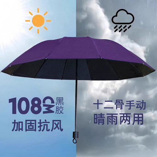 十二骨晴雨两用黑胶手动折叠雨伞