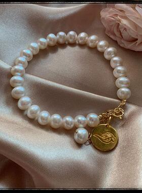 18K金扣高雅大气天然淡水近圆形珍珠手链气质925银好运福牌可拆卸