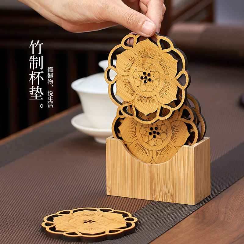 新中式竹子隔热垫镂空茶杯垫防烫加厚耐高温功夫茶垫茶道咖啡杯垫