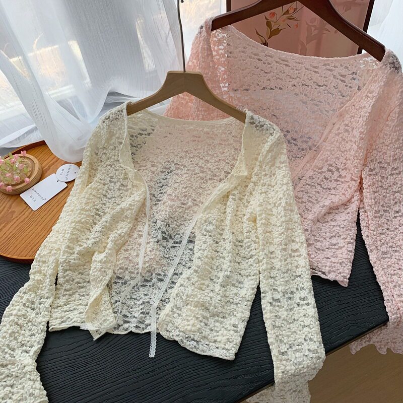肌理感网纱防晒衫短款开衫女夏季配吊带裙外搭披肩蕾丝上衣薄罩衫