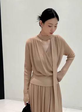 法式交叉飘带围巾领长袖莱赛尔收腰针织衫女秋新款特殊织法上衣