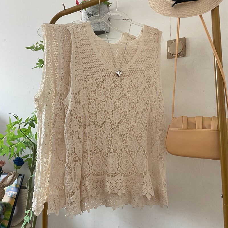镂空花朵针织马甲背心女春夏外穿中长款V领无袖罩衫百搭上衣小衫