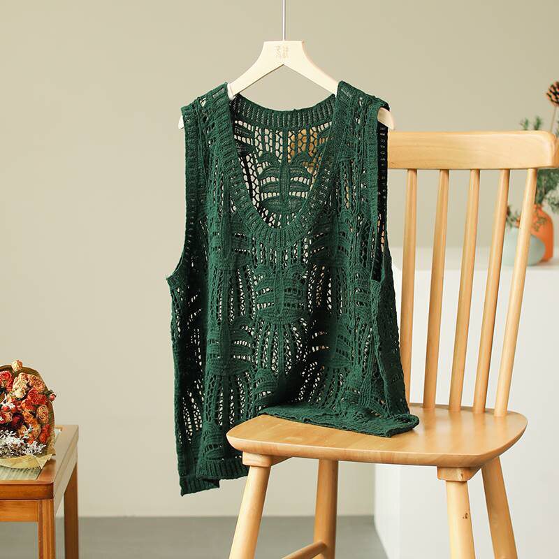 春夏季女复古镂空钩花针织马甲v领宽松百搭无袖坎肩叠穿背心上衣