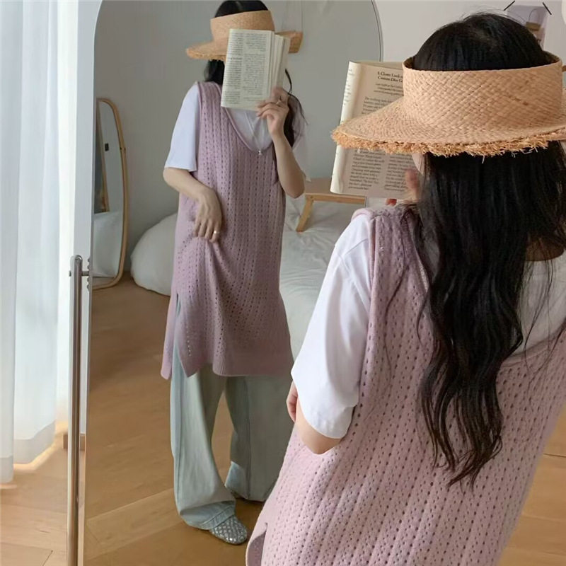 中长款镂空V领吊带针织马甲女秋季外搭叠穿无袖侧开叉毛衣背心裙