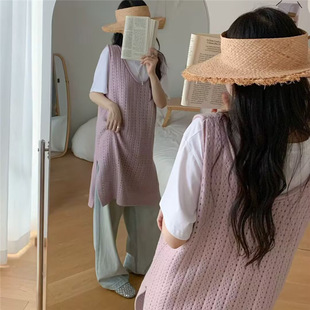 中长款镂空V领吊带针织马甲女秋季外搭叠穿无袖侧开叉毛衣背心裙