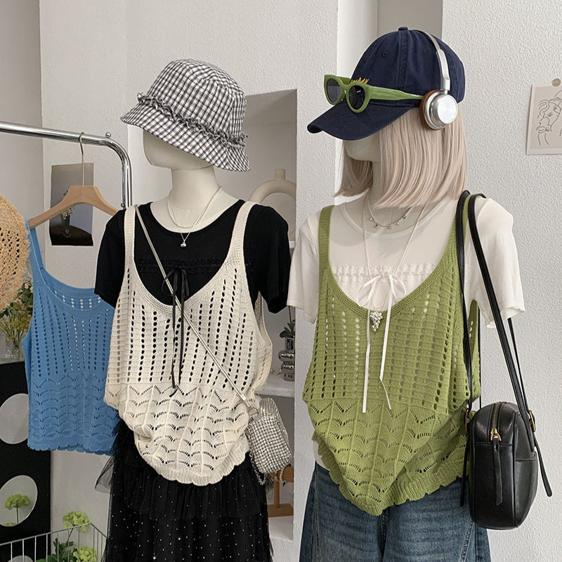 镂空设计感针织马甲女春夏叠穿吊带背心无袖毛衣坎肩外搭上衣