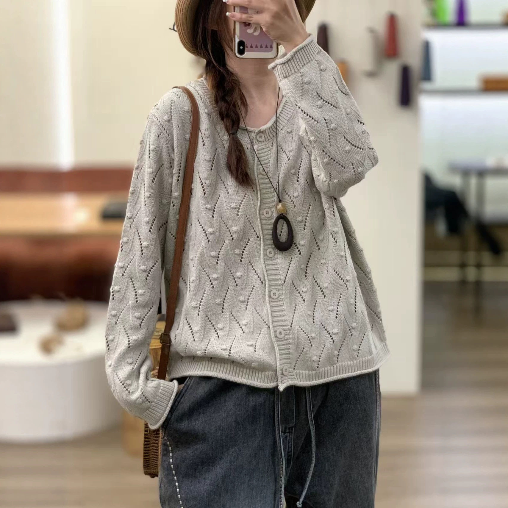 秋季新款棉线复古宽松镂空开衫女显瘦毛衣百搭上衣宽松针织衫外套