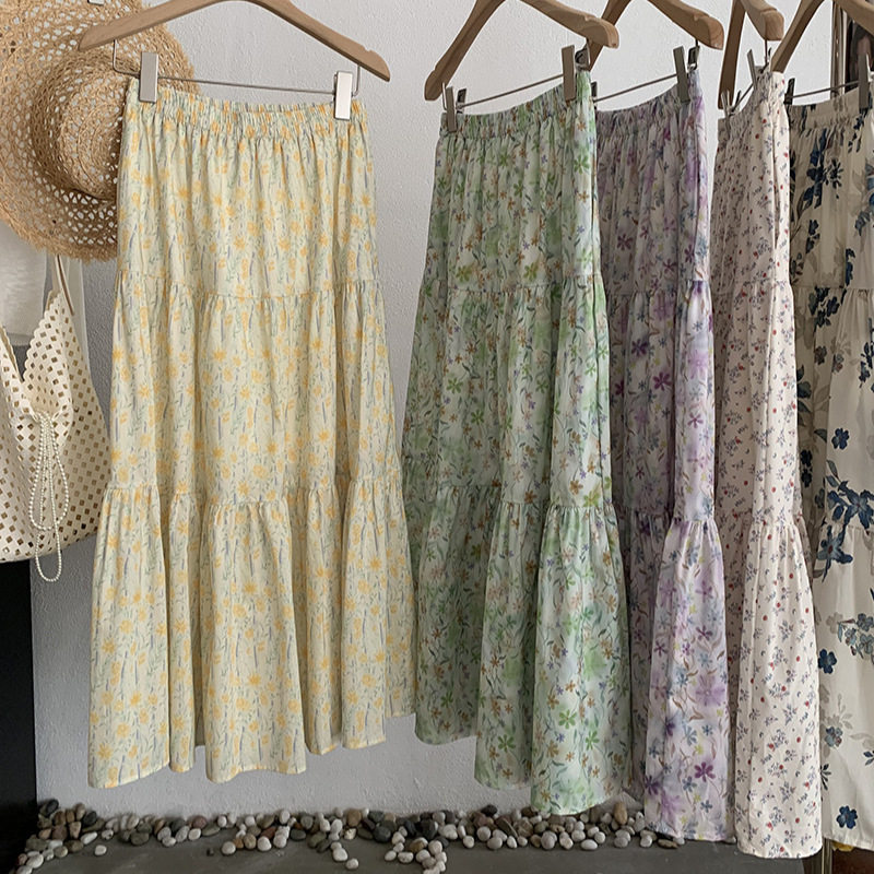 韩系松紧高腰碎花拼接半身裙女春夏中长款显瘦a字裙百搭打底裙子