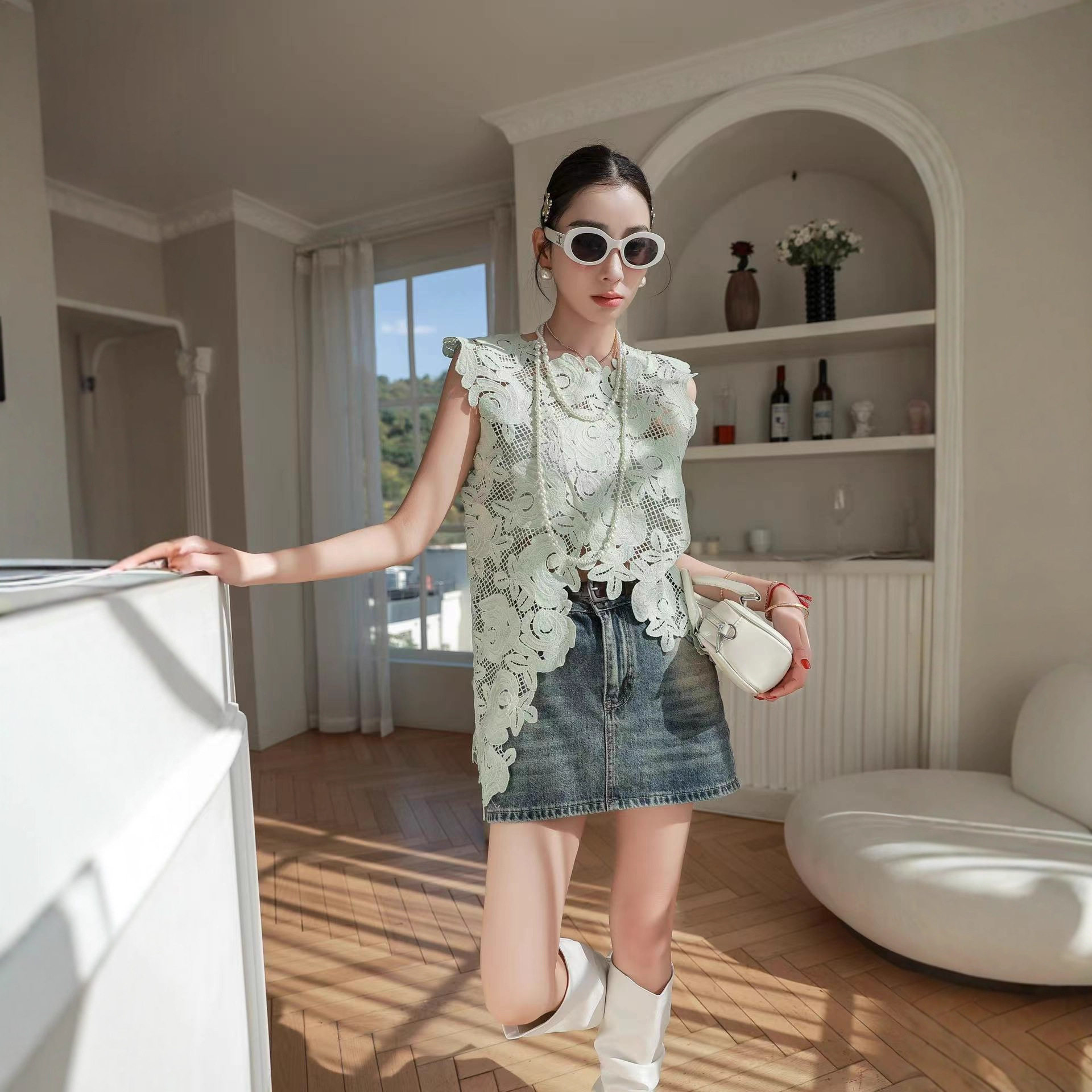 钩花镂空不规则设计感蕾丝马甲背心女夏季外穿无袖上衣宽松罩衫潮