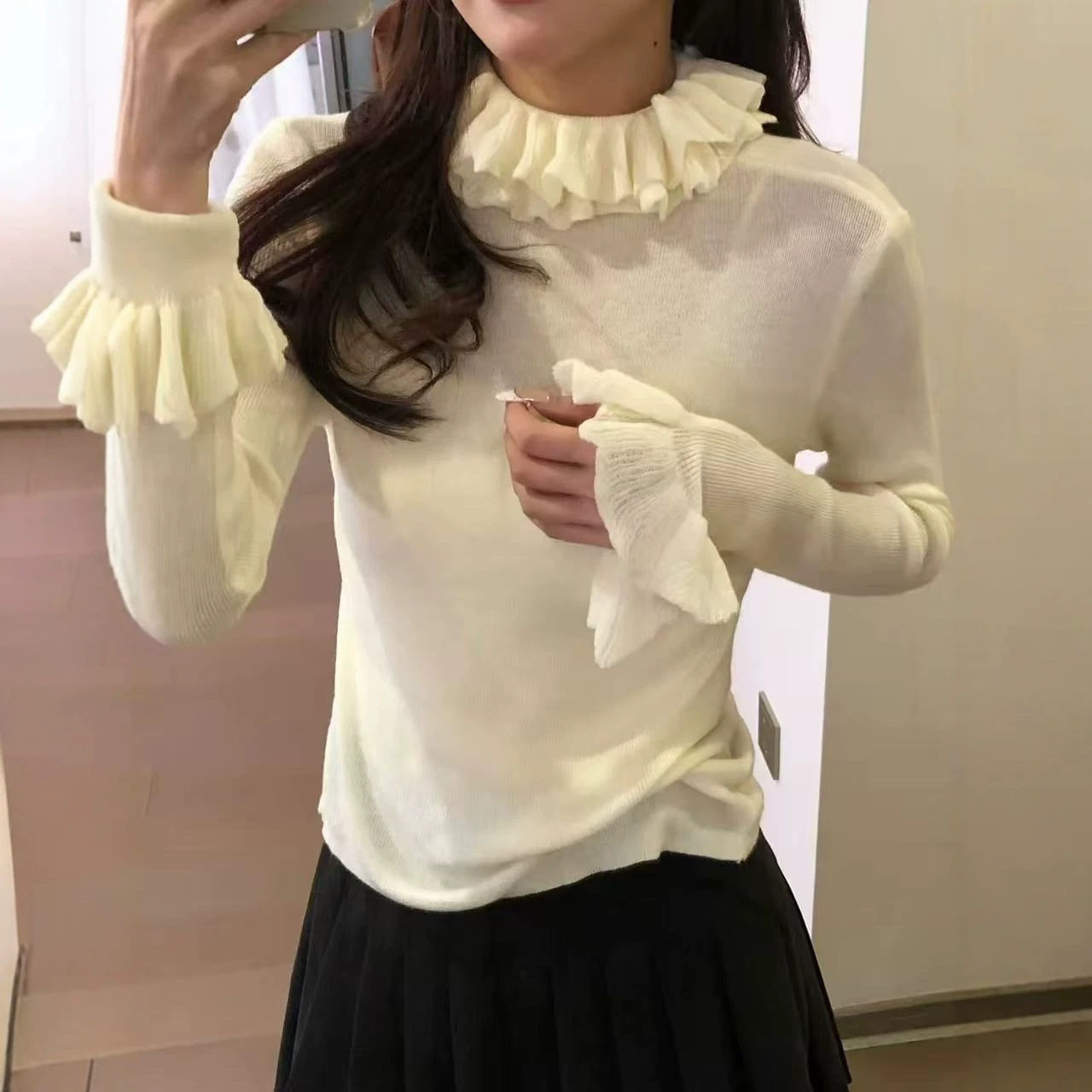 法式花边荷叶领长袖针织衫女秋冬新款套头毛衣修身打底衫显瘦上衣