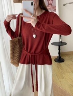 套头上衣宽松显瘦T恤百搭罩衫 设计感系腰带针织衫 长袖 新款 女秋季