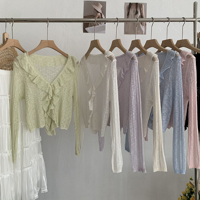 荷叶边V领披肩薄外搭上衣罩衫女春夏短款防晒衫百搭针织开衫外套