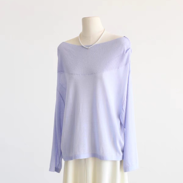 一字领露肩长袖套头针织衫女春夏百搭罩衫宽松显瘦T恤慵懒风上衣