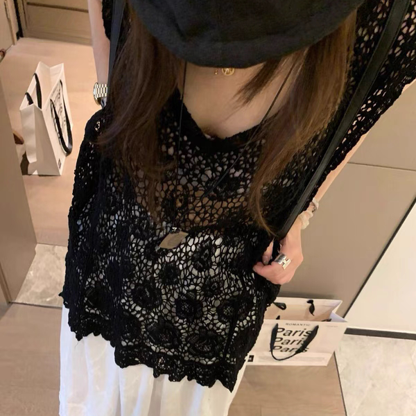 法式镂空花朵针织马甲背心女春夏中长款v领无袖坎肩叠穿罩衫上衣