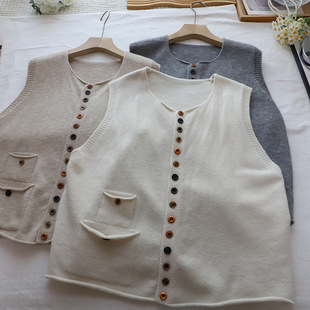 春季新款设计感口袋彩扣针织马甲背心女叠穿无袖毛衣坎肩百搭上衣