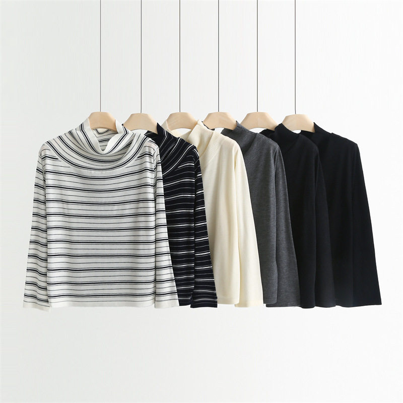 法式套头毛衣撞色条纹一字领斜肩长袖针织衫秋新款上衣女百搭T恤