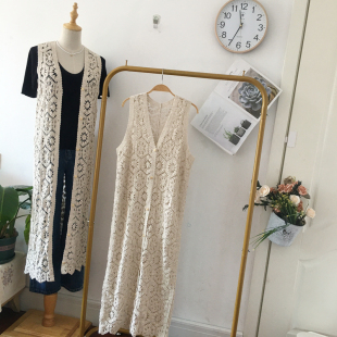 镂空针织马甲罩衫女春夏外搭长款过膝无袖开衫披肩百搭背心裙