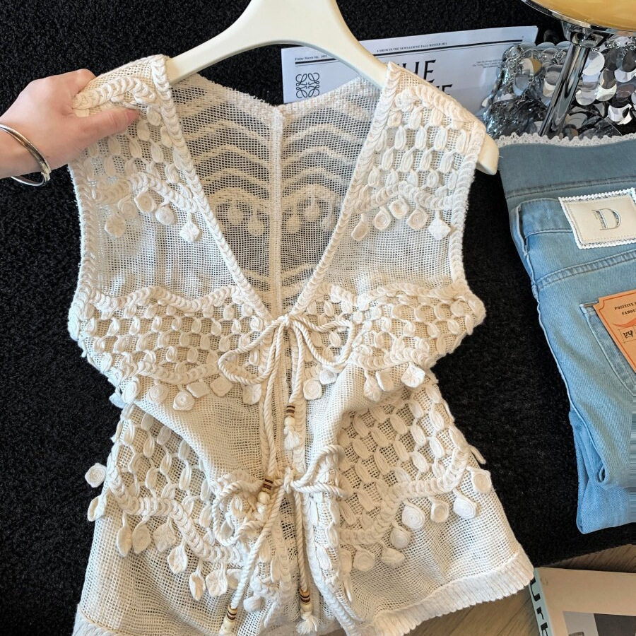 波西米亚风钩花镂空针织马甲系带上衣女夏季叠穿开衫宽松背心坎肩