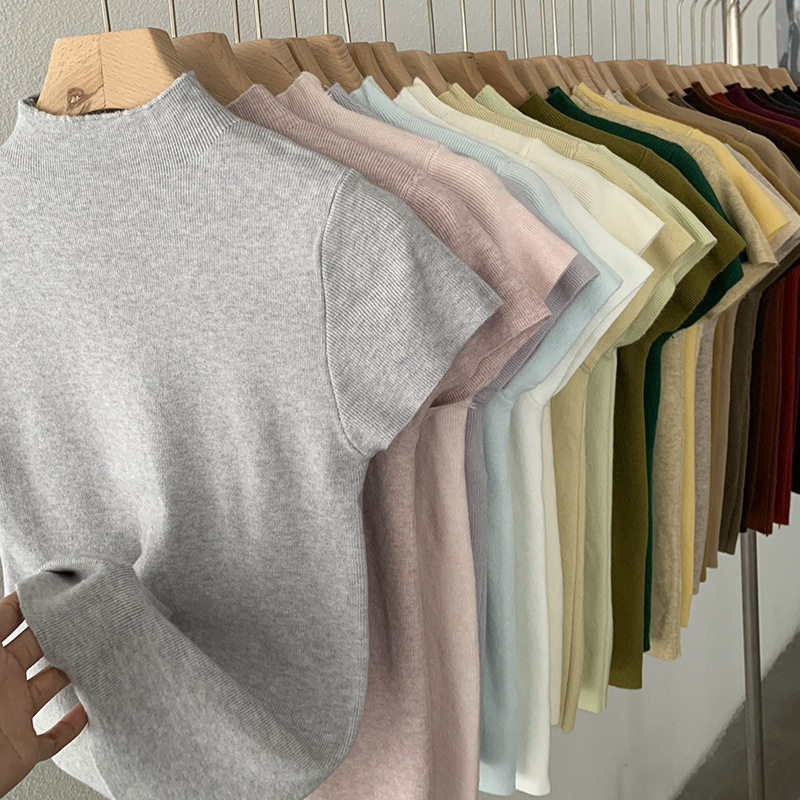 半高领针织衫女春秋短袖毛衣T恤修身显袖套头上衣外穿内搭打底衫