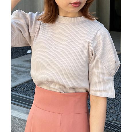 2024夏季新品出口日本女装甜美风半高领坑条修身纯色蓬蓬袖短袖衫