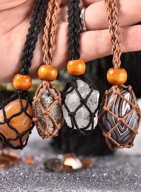 网兜编织项链吊坠水晶原石网兜编织纯手工伸缩空网架网托小红书