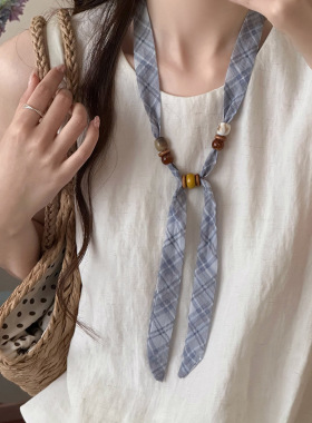 夏天韩系文艺小碎花串珠细丝巾女小众时尚高级感系脖项链拍照装饰