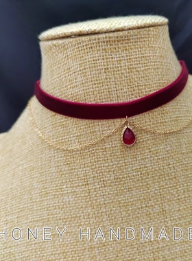 圣诞节秋冬喜庆酒红色短颈链优雅带吊坠原创设计女颈圈晚宴配饰