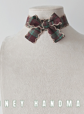 中古英伦风绿格波浪边学院风蝴蝶结系带项圈choker格纹小众饰品