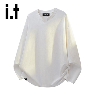 5cm 纯色V领百搭宽松情侣装 FIVECM套头长袖 新款 T恤男春秋季