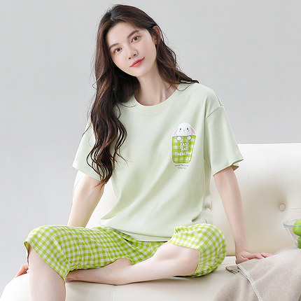 睡衣女夏款纯棉短袖七分裤薄款可外穿套装夏天全棉宽松休闲家居服