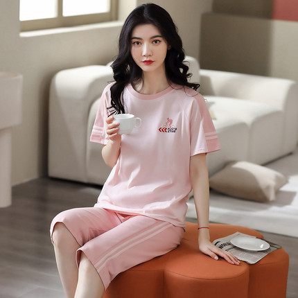 运动睡衣女夏款纯棉短袖七分裤简约可外穿薄款全棉休闲家居服套装