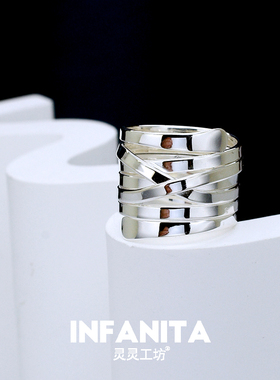 原创新款戒指女S925纯银直线条缠绕夸张重工潮流时尚个性指环R54