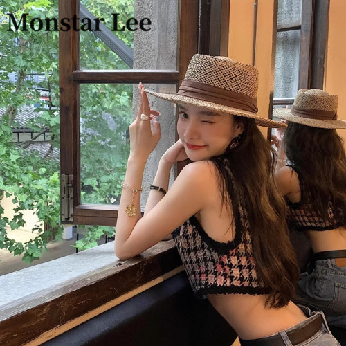 MonstarLee平沿法式绑带草帽