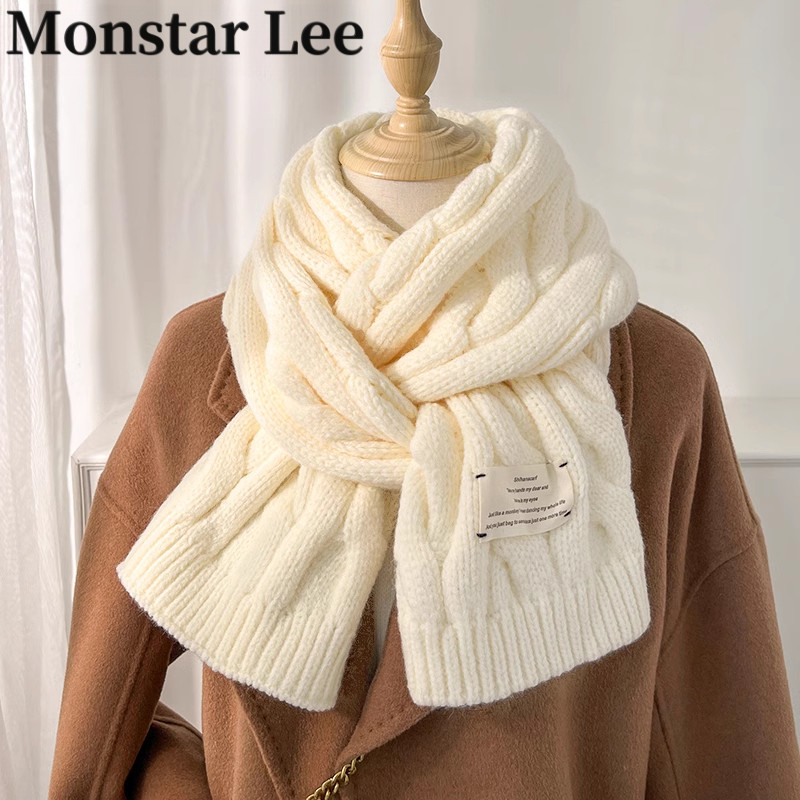 Monstar lee粗毛线围巾女生冬季米白色可爱麻花针织保暖小围脖男