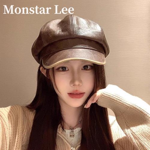 Monstar Lee皮质八角帽女秋冬显脸小鸭舌英伦复古报童画家贝雷帽