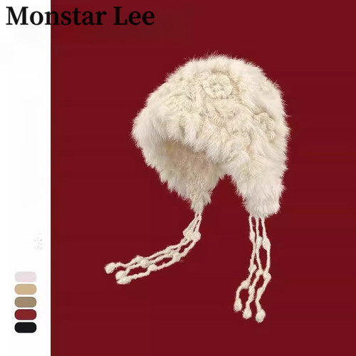 Monstar lee仿兔毛针织毛线帽女冬氛围感拍照保暖流苏白毛绒帽子
