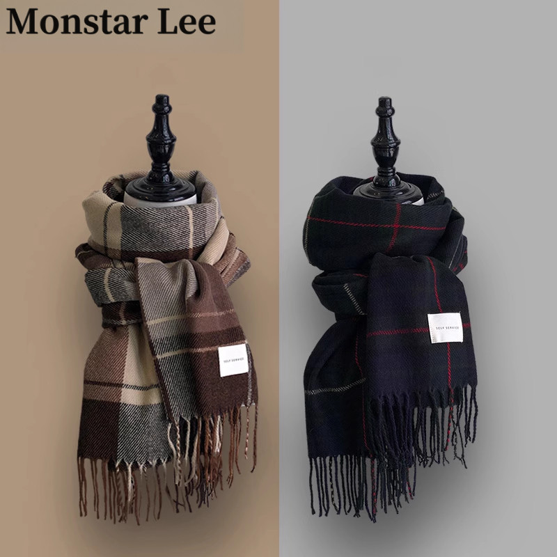 Monstar Lee冬季布标格子棕色围巾女英伦风两用披肩保暖围脖男