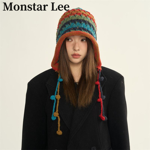 Monstar Lee日杂风显脸小毛线帽女冬堆堆帽条纹彩色保暖针织冷帽