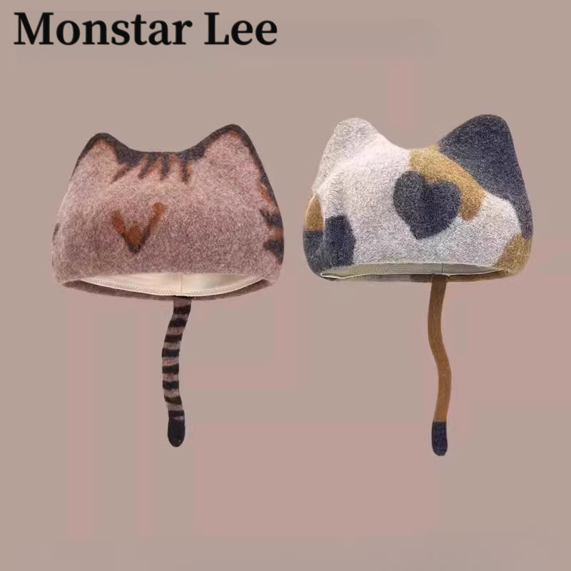 Monstar Lee羊毛呢猫耳朵贝雷帽甜美可爱保暖拍照蓓蕾帽子女秋冬
