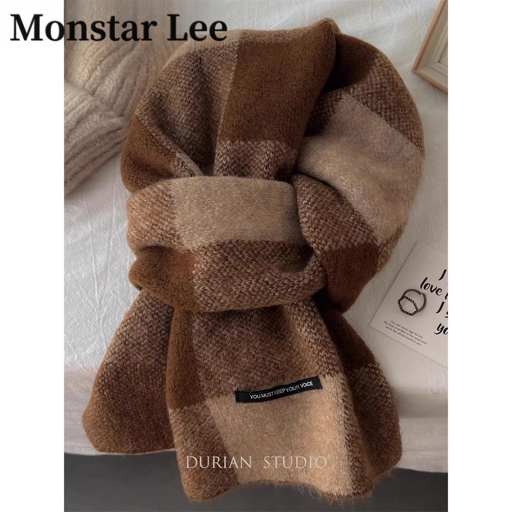 Monstar Lee羊毛混纺围巾女冬日系格子驼色保暖格纹围脖高级送礼