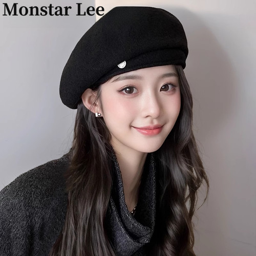Monstar Lee羊毛呢贝雷帽女士秋冬显脸小蓓蕾帽气质复古画家帽子