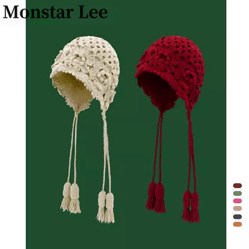 Monstar Lee花朵手工编织双层辫子毛线帽子女秋冬天保暖针织护耳