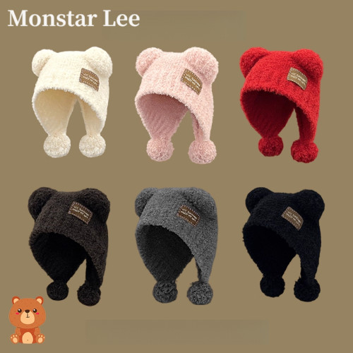 MonstarLee可爱小熊耳朵针织帽子女冬保暖毛线帽泰迪绒毛绒护耳帽