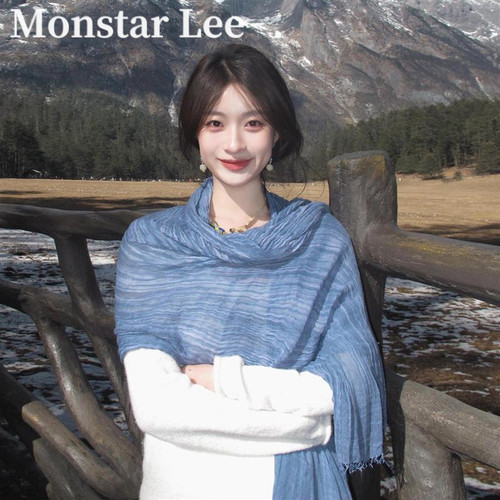 MonstarLee蓝色文艺薄款棉麻围巾女大西北川西旅游长丝巾披肩外搭